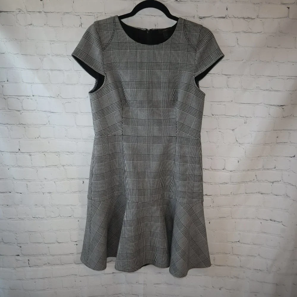 J. Crew Black/White Glen Cap Sleeve Houndstooth Plaid Midi Dress Women's Sz 8 - Picture 3 of 10